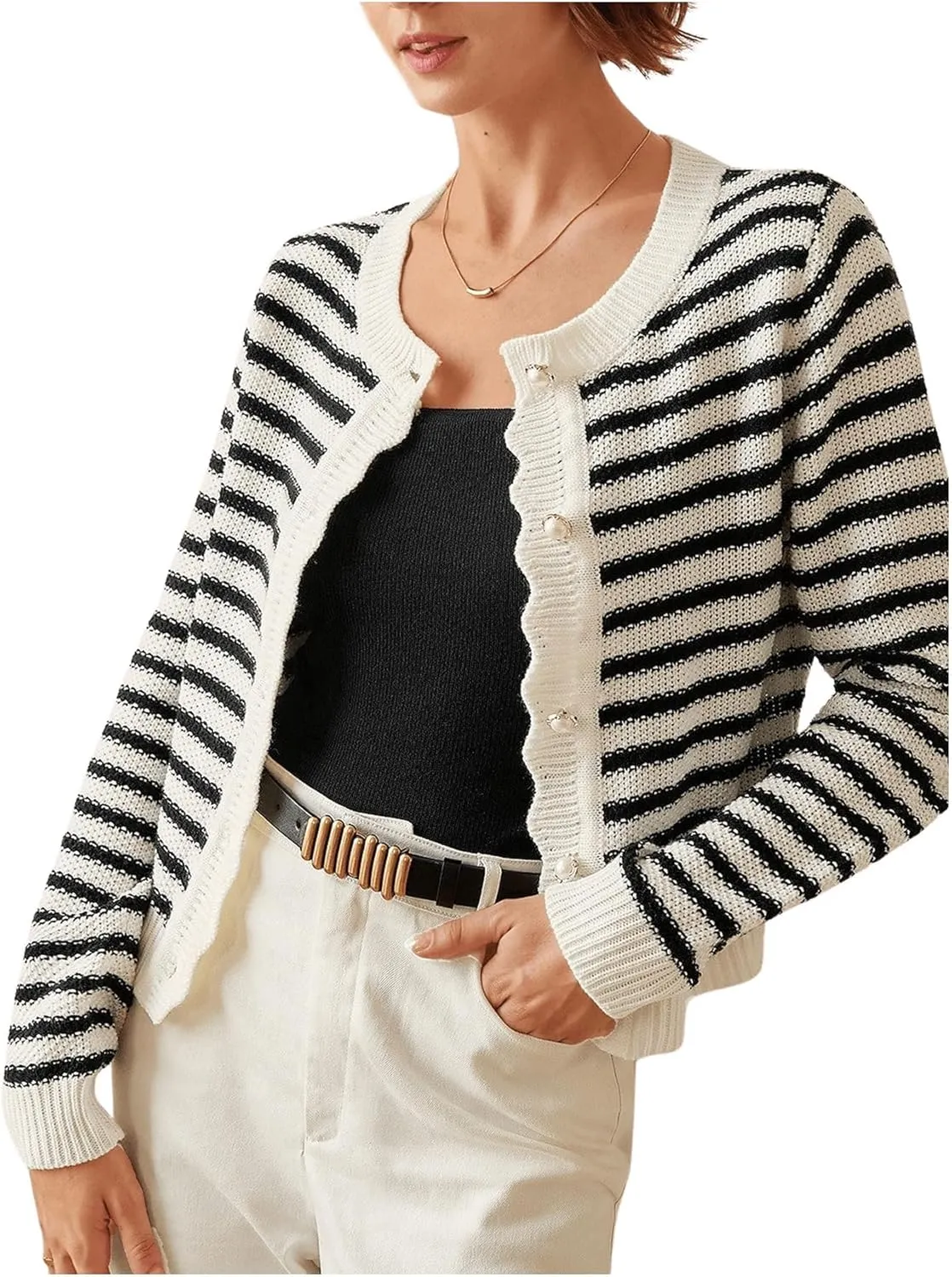 COZYEASE Women's Frenchy Striped Pattern Lightweight Cardigan Scallop Trim Button Fall Open Front Sweater Outwear