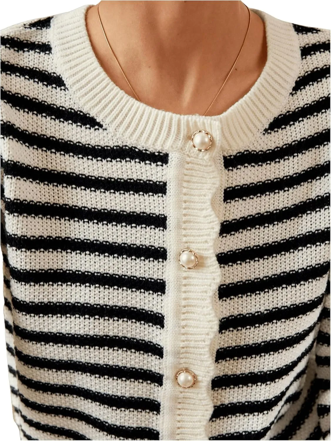 COZYEASE Women's Frenchy Striped Pattern Lightweight Cardigan Scallop Trim Button Fall Open Front Sweater Outwear