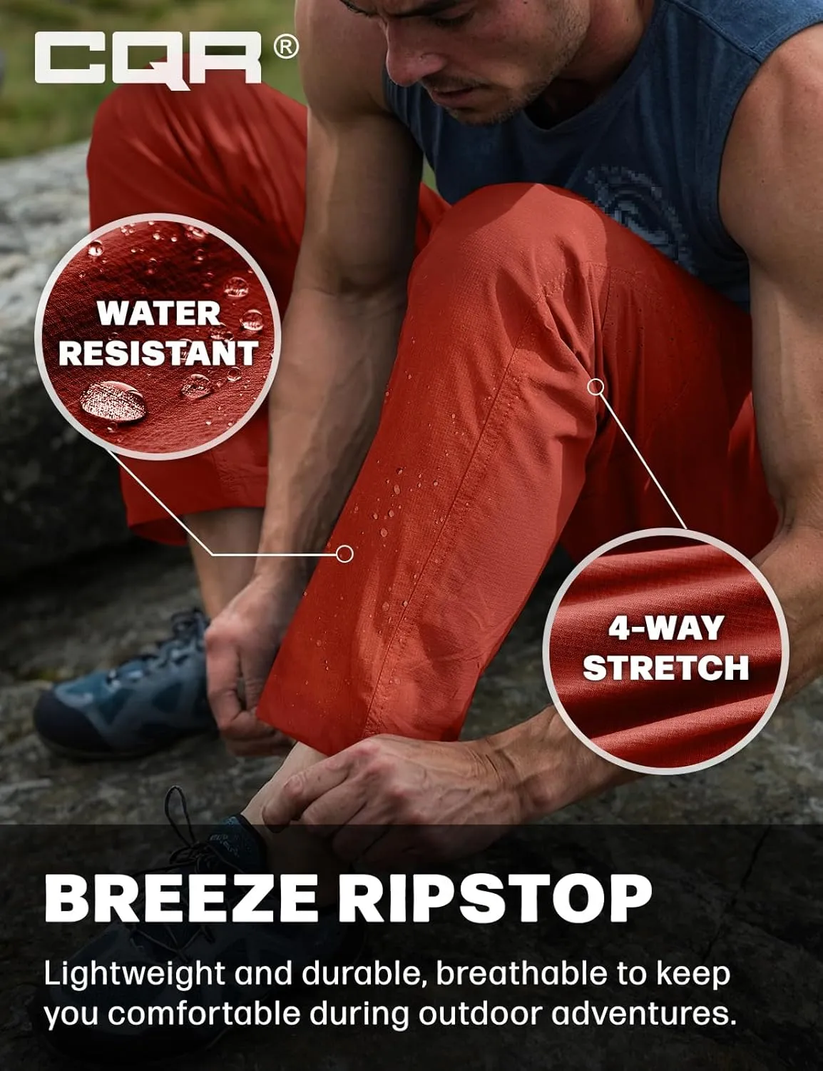 CQR Men's Lightweight Vent Hiking Pants, Water-Resistant & Breathable Sports Outdoor Athletic Pants with Elastic Waist