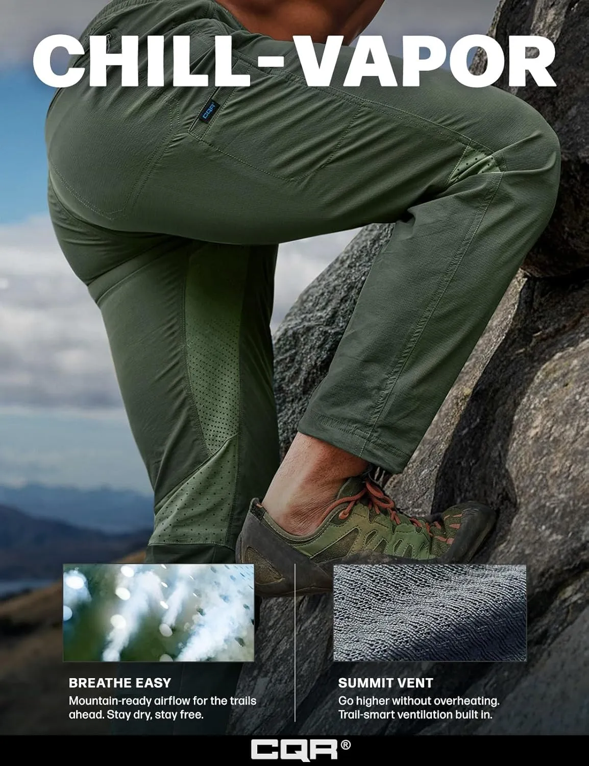 CQR Men's Lightweight Vent Hiking Pants, Water-Resistant & Breathable Sports Outdoor Athletic Pants with Elastic Waist