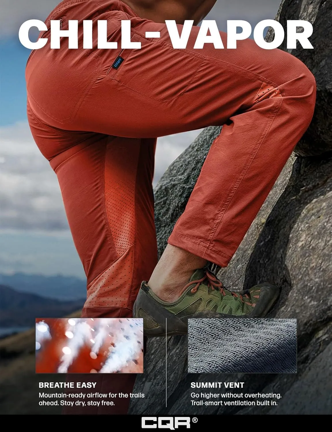 CQR Men's Lightweight Vent Hiking Pants, Water-Resistant & Breathable Sports Outdoor Athletic Pants with Elastic Waist