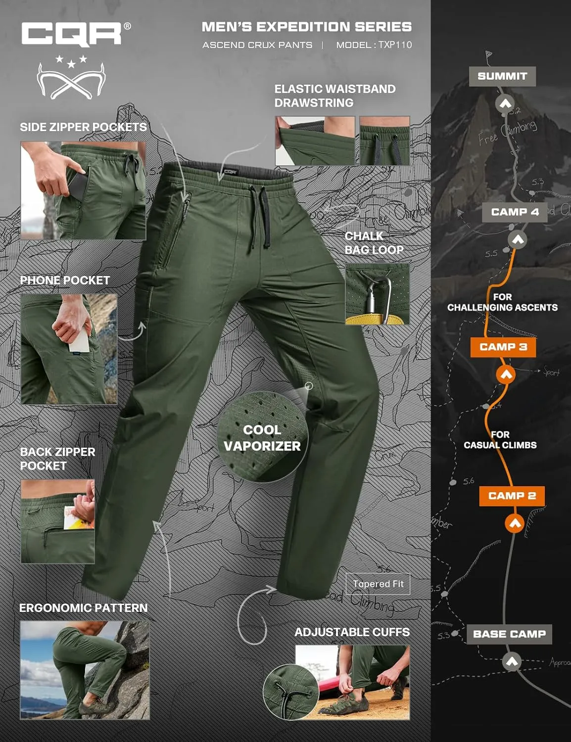 CQR Men's Lightweight Vent Hiking Pants, Water-Resistant & Breathable Sports Outdoor Athletic Pants with Elastic Waist