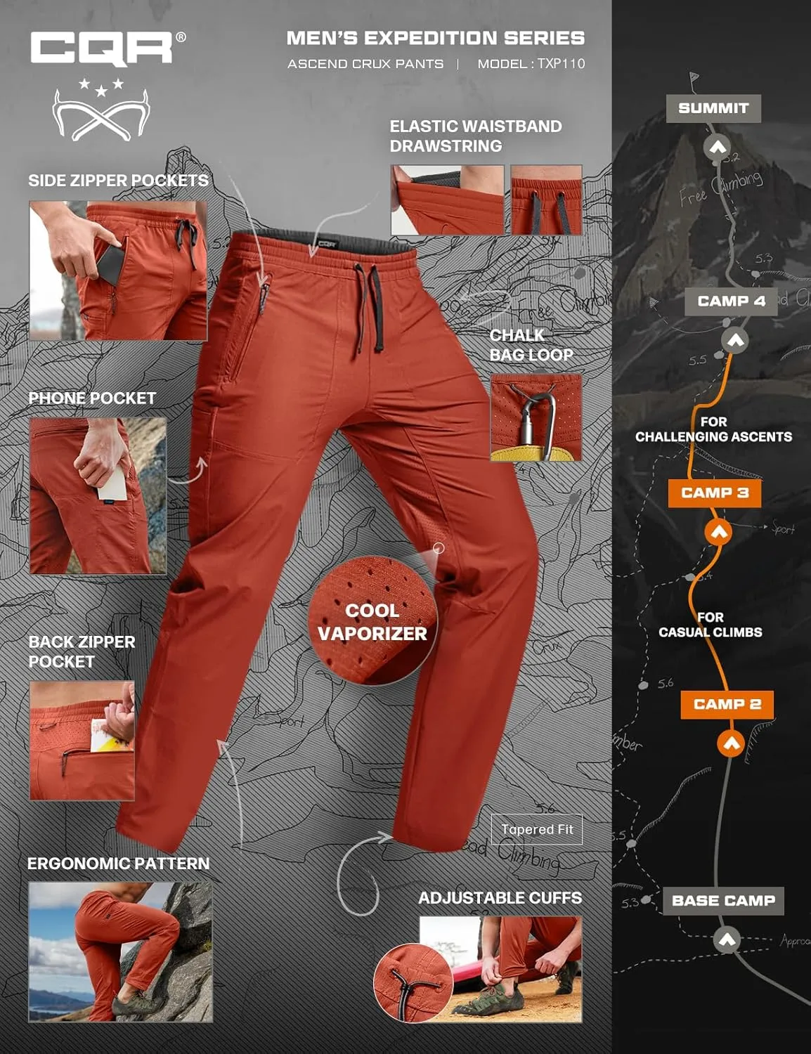 CQR Men's Lightweight Vent Hiking Pants, Water-Resistant & Breathable Sports Outdoor Athletic Pants with Elastic Waist