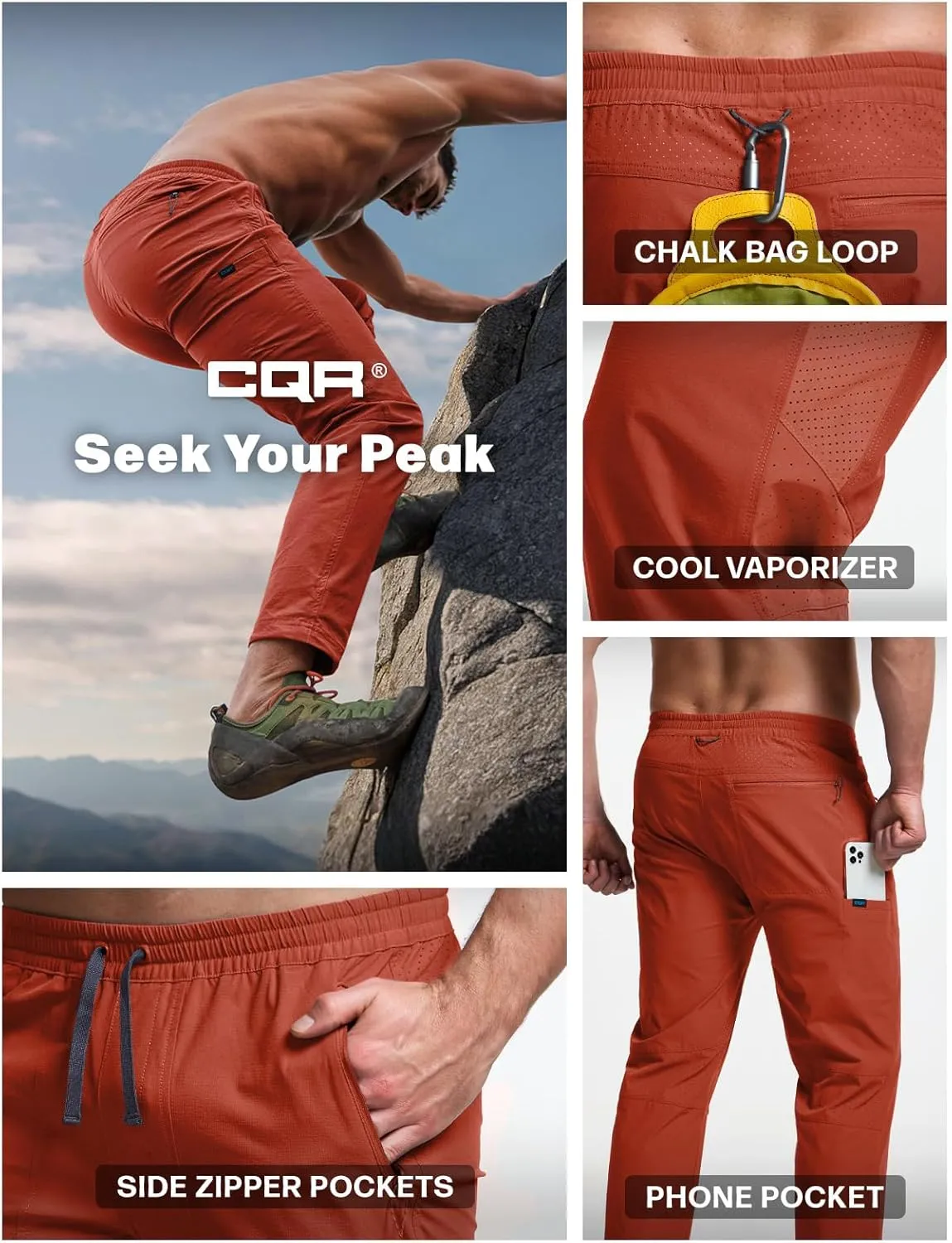 CQR Men's Lightweight Vent Hiking Pants, Water-Resistant & Breathable Sports Outdoor Athletic Pants with Elastic Waist