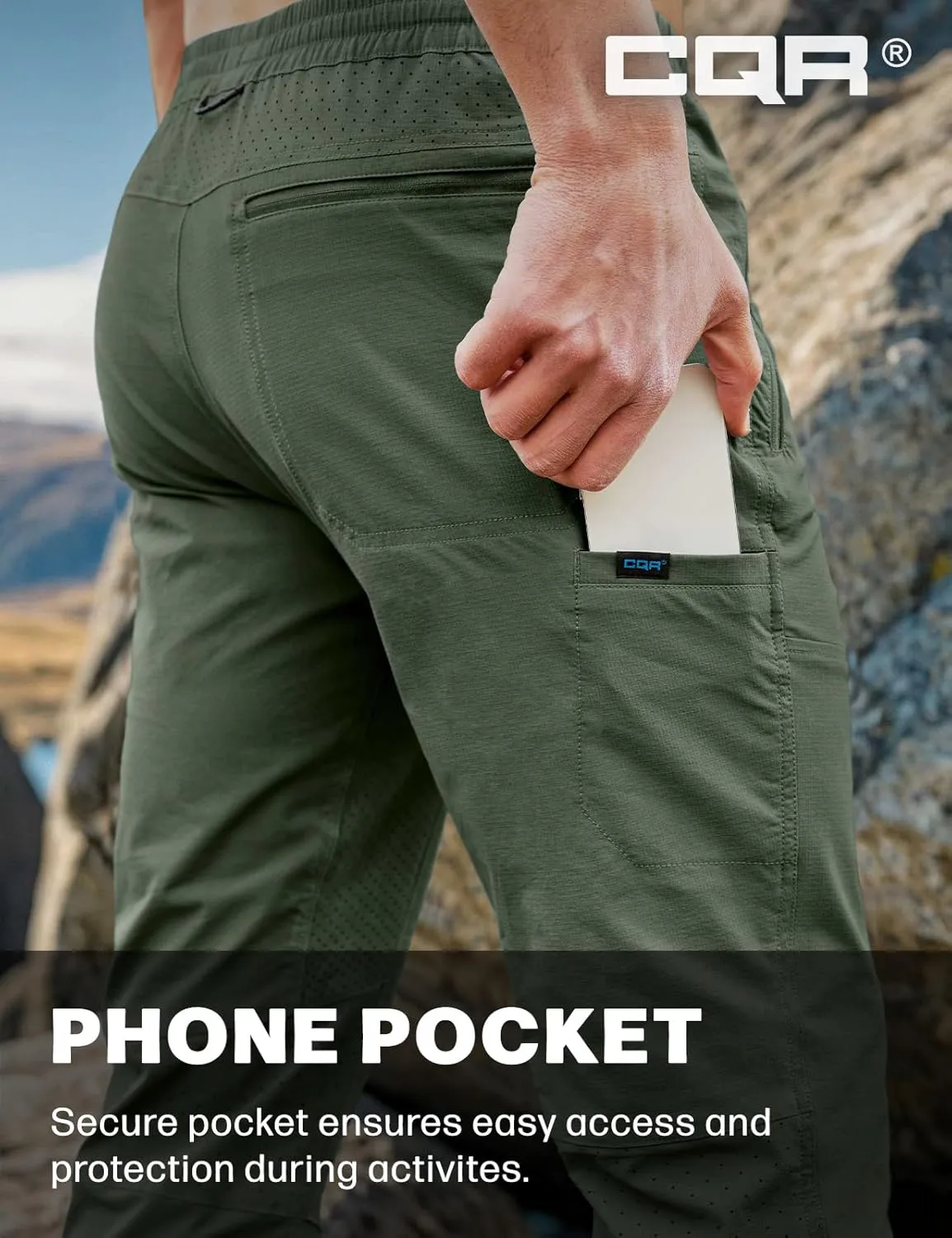 CQR Men's Lightweight Vent Hiking Pants, Water-Resistant & Breathable Sports Outdoor Athletic Pants with Elastic Waist