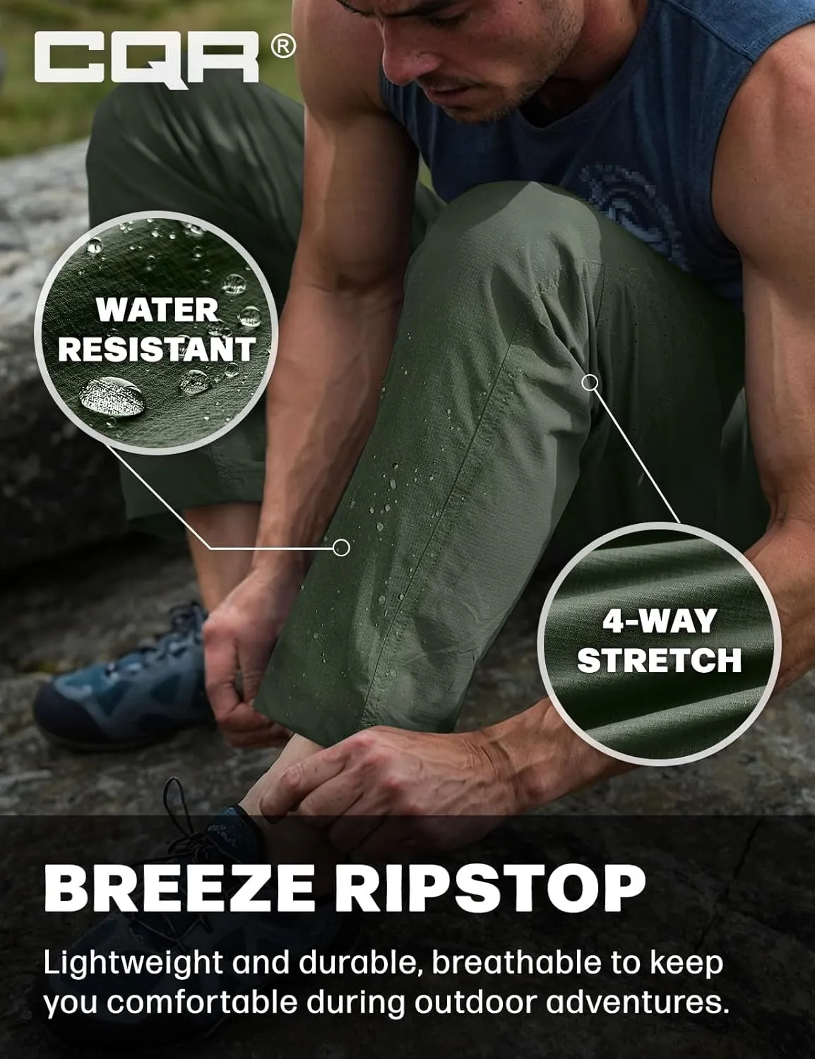 CQR Men's Lightweight Vent Hiking Pants, Water-Resistant & Breathable Sports Outdoor Athletic Pants with Elastic Waist