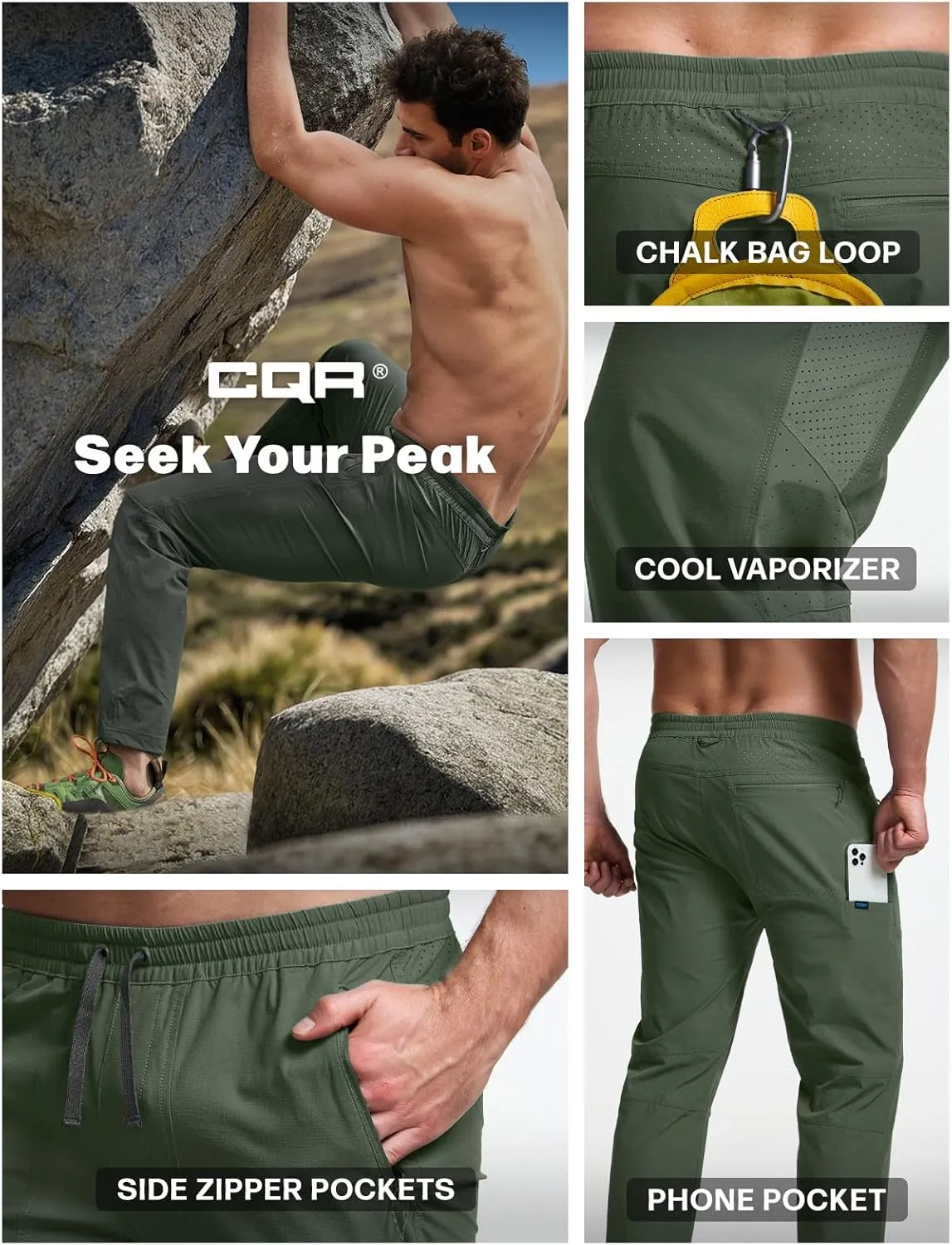 CQR Men's Lightweight Vent Hiking Pants, Water-Resistant & Breathable Sports Outdoor Athletic Pants with Elastic Waist