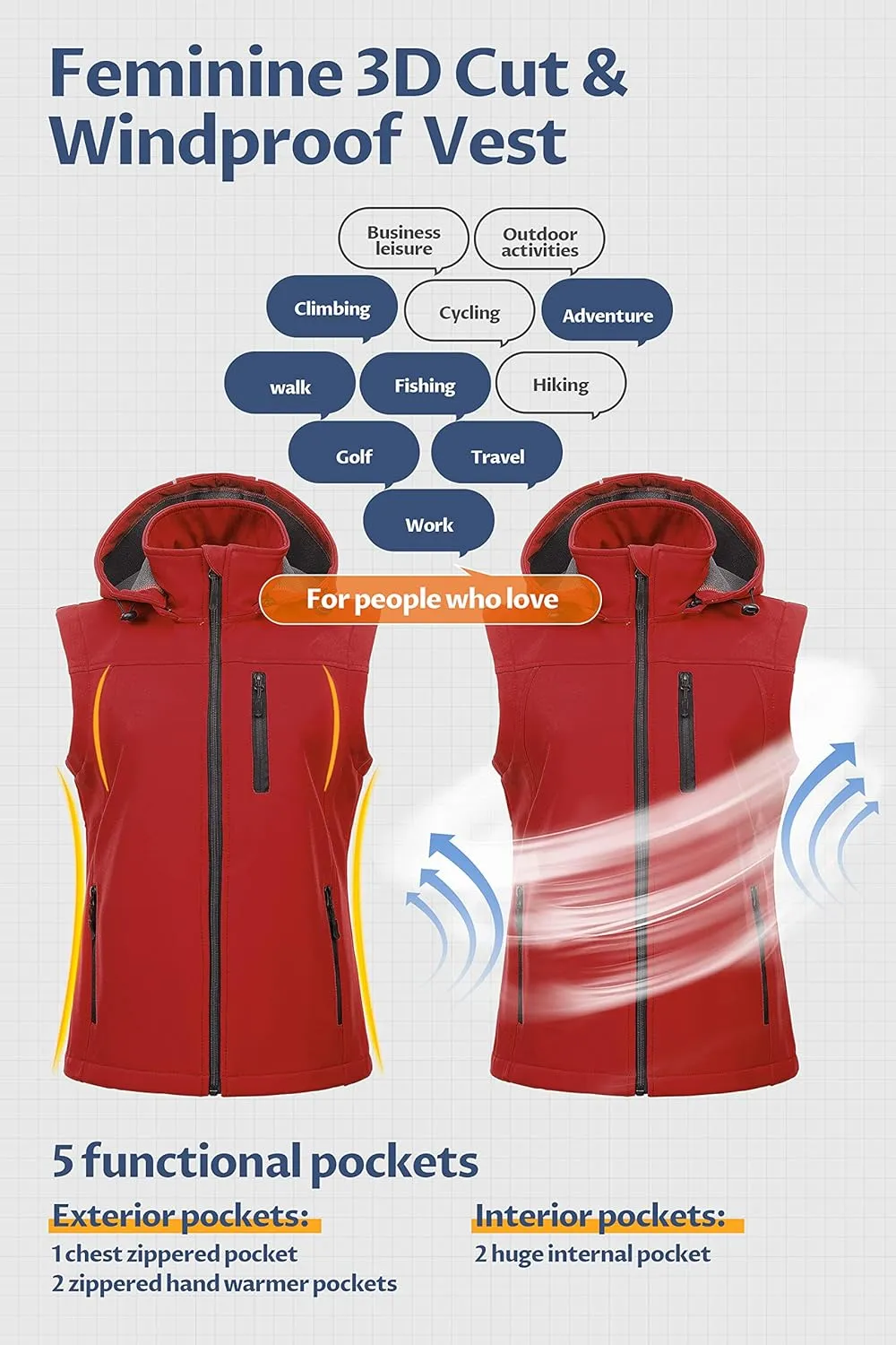 CREATMO US Women's Lightweight Softshell Vest Outerwear Windbreaker Sleeveless Jacket With Removable Hood