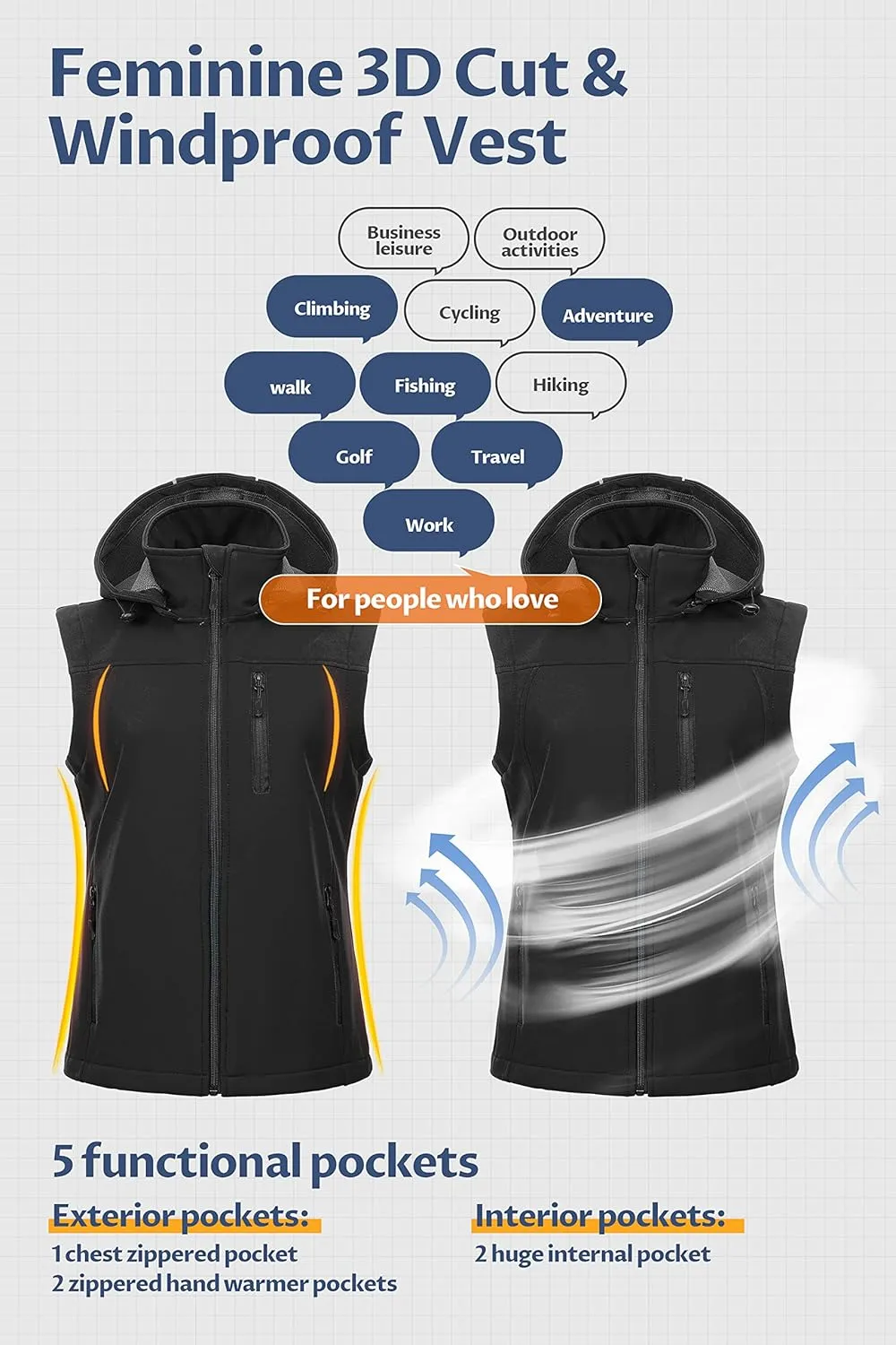 CREATMO US Women's Lightweight Softshell Vest Outerwear Windbreaker Sleeveless Jacket With Removable Hood