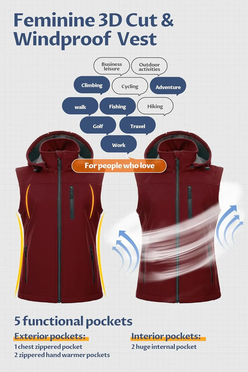 CREATMO US Women's Lightweight Softshell Vest Outerwear Windbreaker Sleeveless Jacket With Removable Hood
