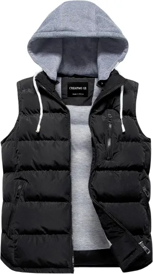 CREATMO US Women's Warm Vest Outerwear Thick Padded Puffer Sleeveless Vest With Detachable Hood
