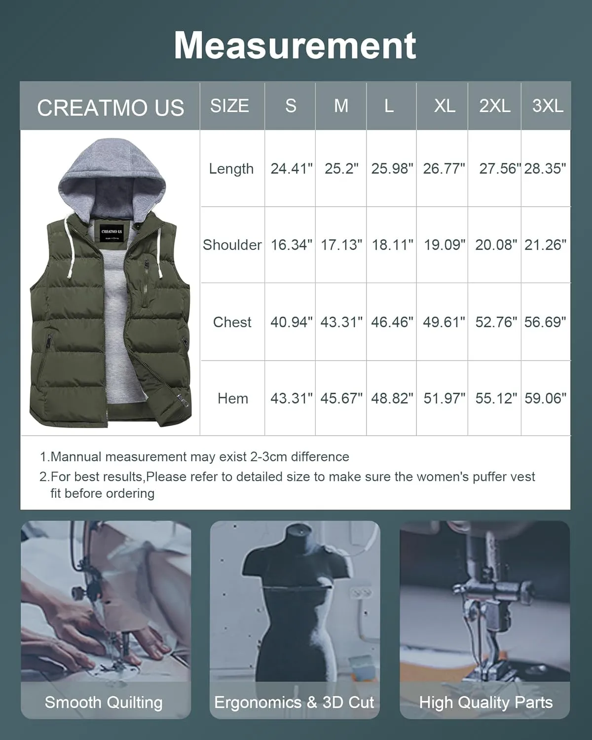CREATMO US Women's Warm Vest Outerwear Thick Padded Puffer Sleeveless Vest With Detachable Hood