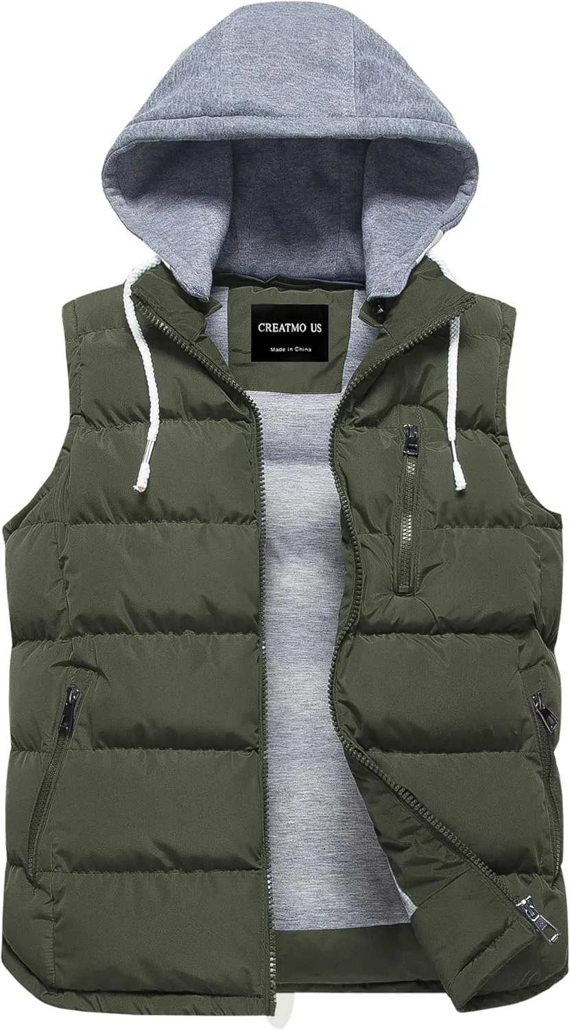 CREATMO US Women's Warm Vest Outerwear Thick Padded Puffer Sleeveless Vest With Detachable Hood