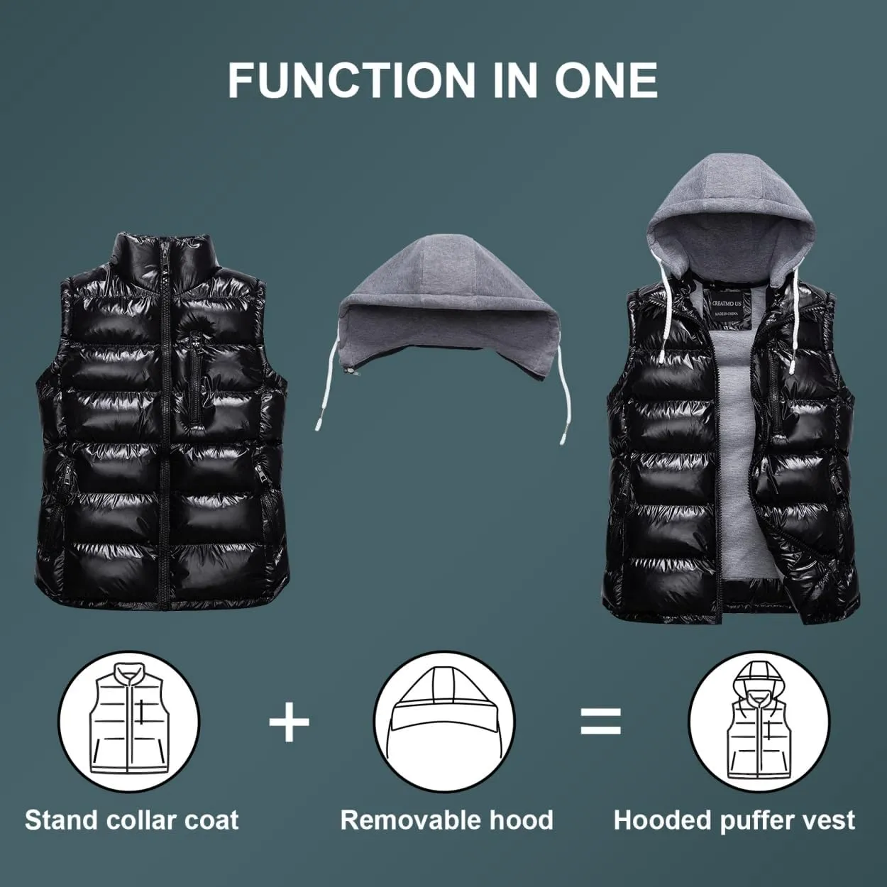 CREATMO US Women's Warm Vest Outerwear Thick Padded Puffer Sleeveless Vest With Detachable Hood