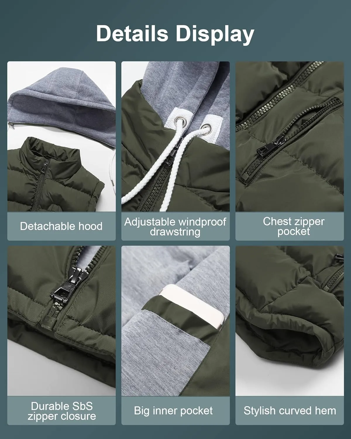 CREATMO US Women's Warm Vest Outerwear Thick Padded Puffer Sleeveless Vest With Detachable Hood