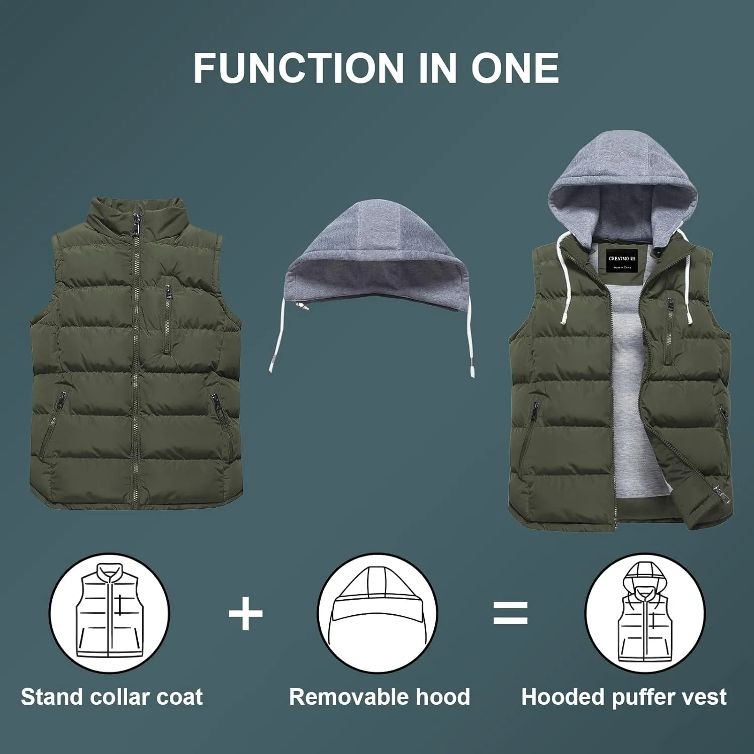 CREATMO US Women's Warm Vest Outerwear Thick Padded Puffer Sleeveless Vest With Detachable Hood