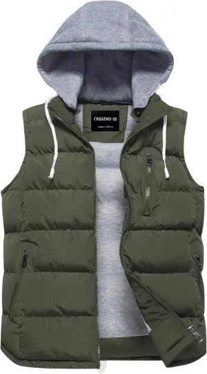 CREATMO US Women's Warm Vest Outerwear Thick Padded Puffer Sleeveless Vest With Detachable Hood