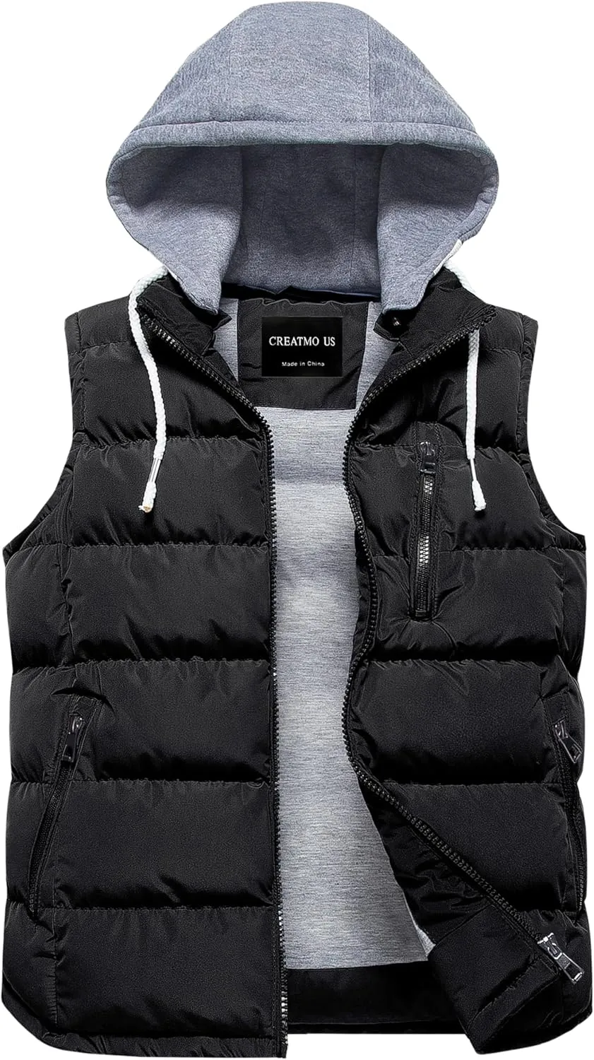 CREATMO US Women's Warm Vest Outerwear Thick Padded Puffer Sleeveless Vest With Detachable Hood