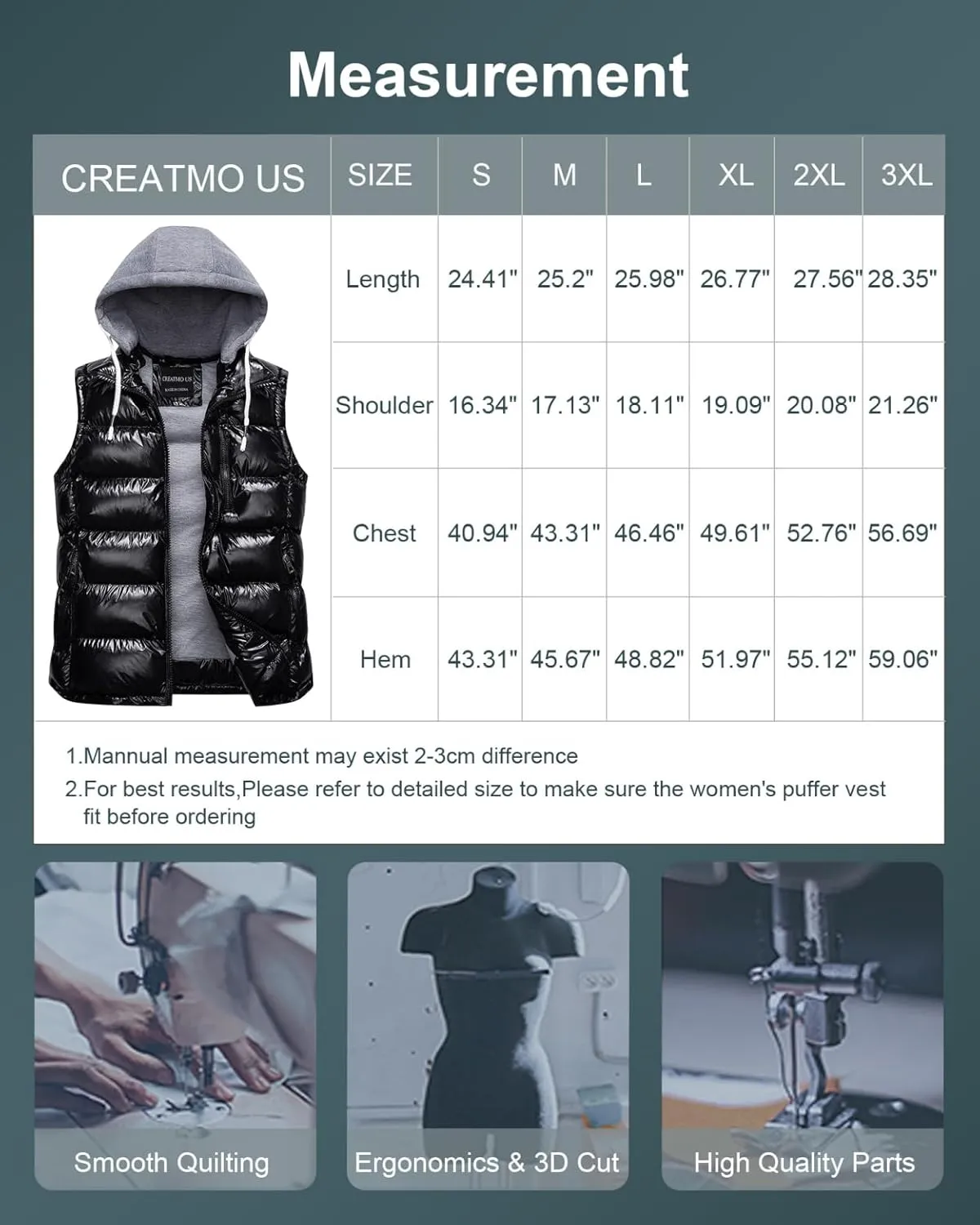 CREATMO US Women's Warm Vest Outerwear Thick Padded Puffer Sleeveless Vest With Detachable Hood