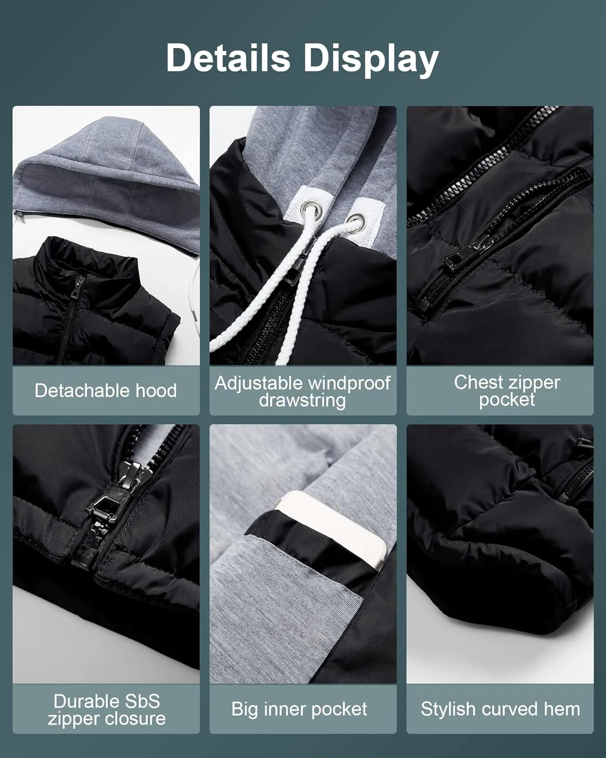 CREATMO US Women's Warm Vest Outerwear Thick Padded Puffer Sleeveless Vest With Detachable Hood