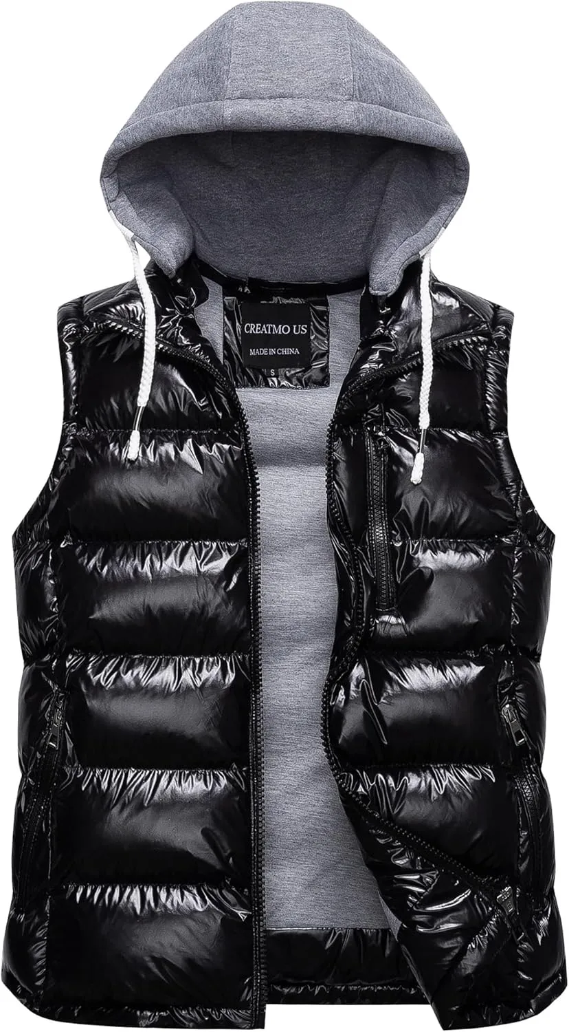CREATMO US Women's Warm Vest Outerwear Thick Padded Puffer Sleeveless Vest With Detachable Hood