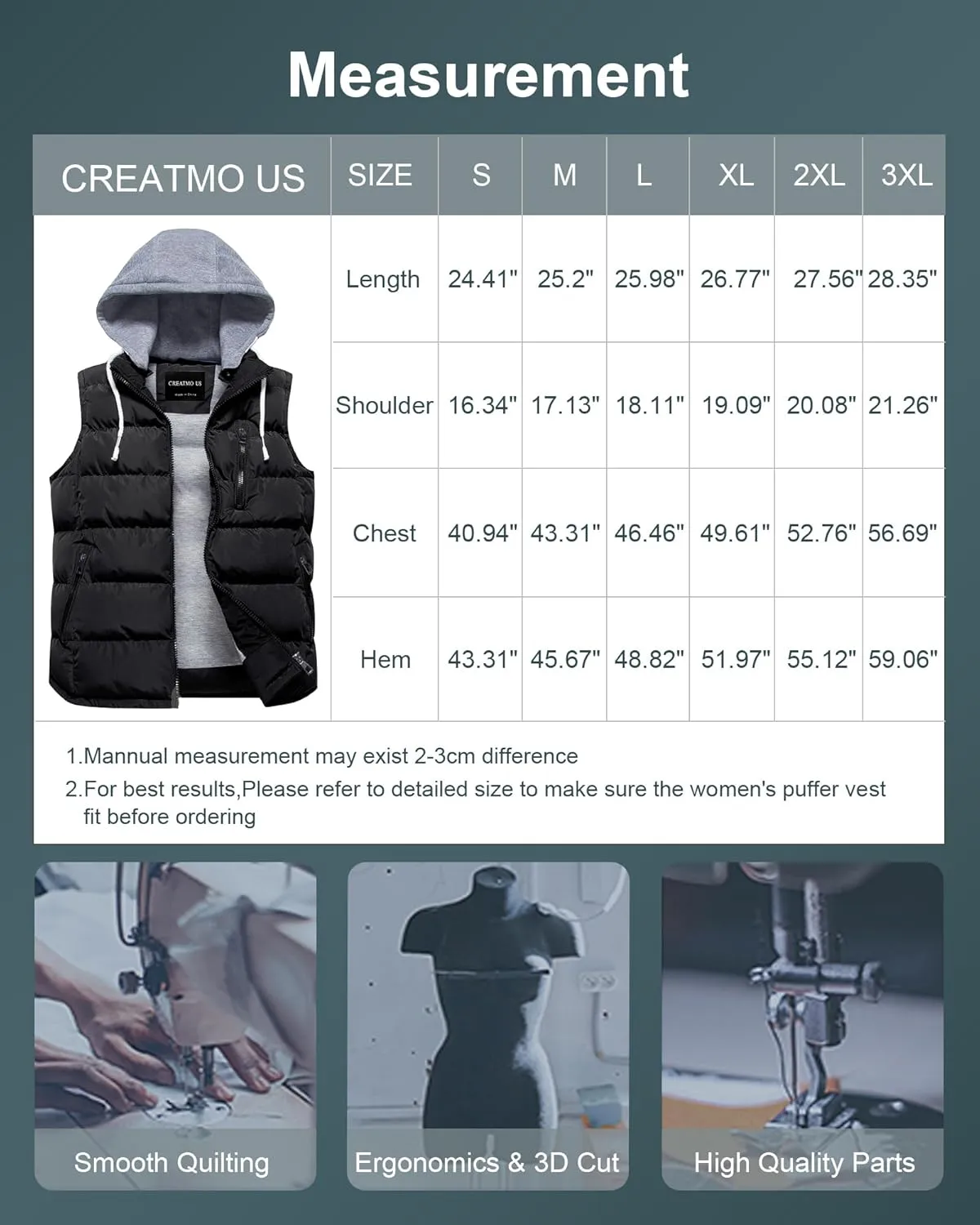 CREATMO US Women's Warm Vest Outerwear Thick Padded Puffer Sleeveless Vest With Detachable Hood