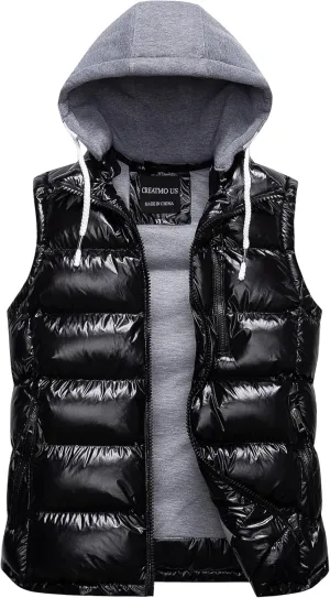 CREATMO US Women's Warm Vest Outerwear Thick Padded Puffer Sleeveless Vest With Detachable Hood