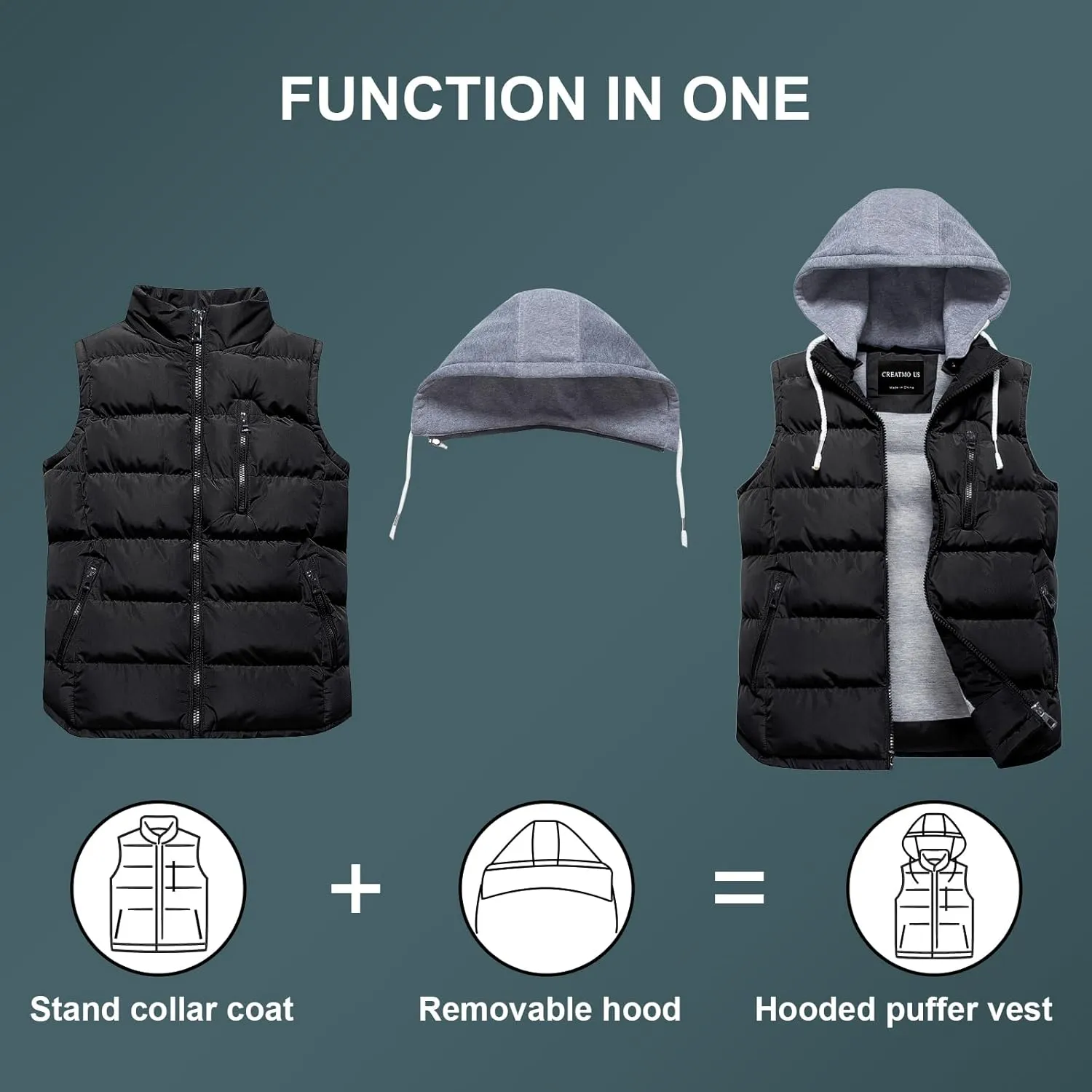CREATMO US Women's Warm Vest Outerwear Thick Padded Puffer Sleeveless Vest With Detachable Hood