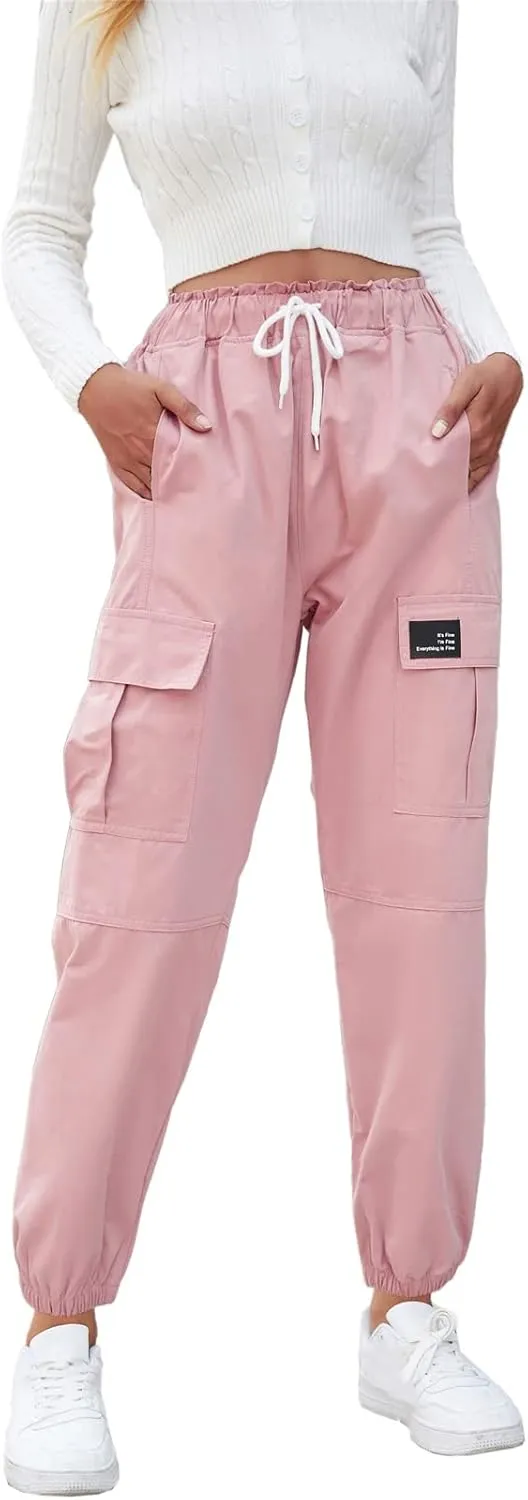Cromoncent Girls&Womens Cargo Pants Elastic Waist Lightweight Outdoor Jogger Pants, 6 Years - XX-Large