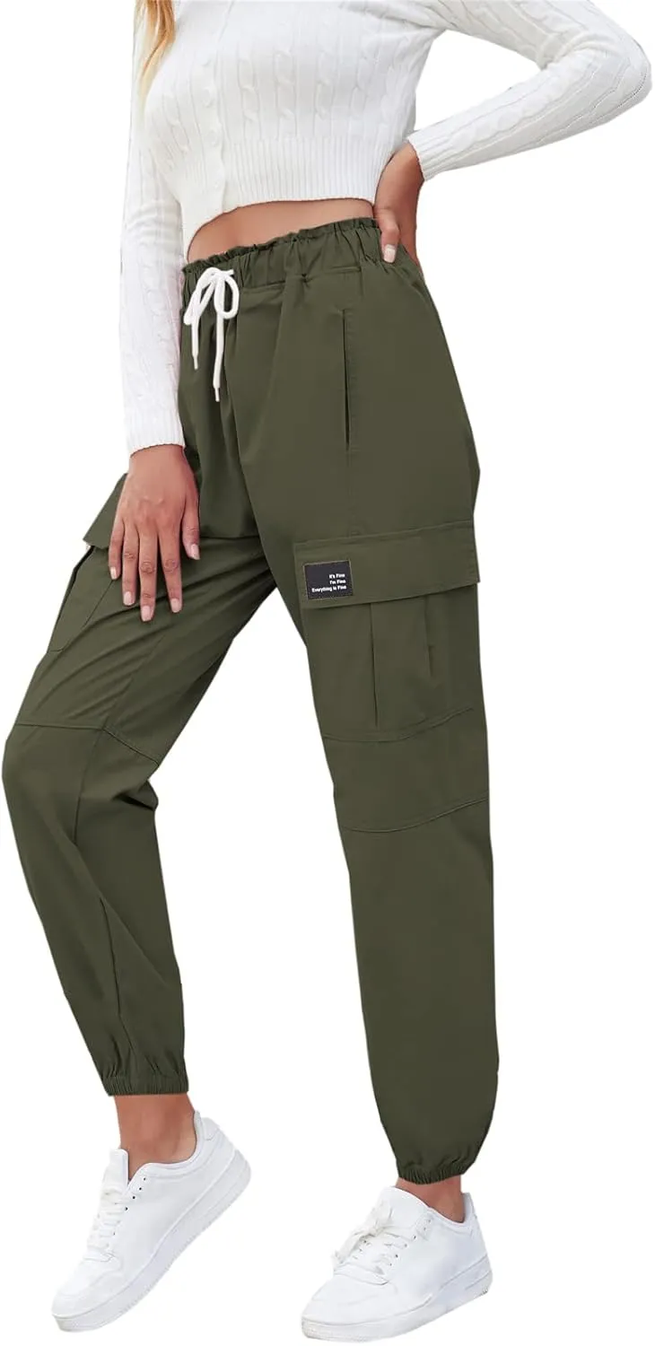 Cromoncent Girls&Womens Cargo Pants Elastic Waist Lightweight Outdoor Jogger Pants, 6 Years - XX-Large