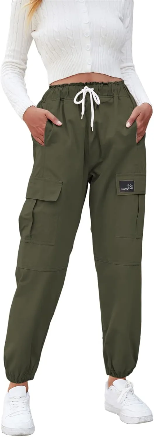 Cromoncent Girls&Womens Cargo Pants Elastic Waist Lightweight Outdoor Jogger Pants, 6 Years - XX-Large
