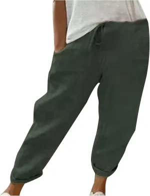 DASAYO Linen Pants Women Trendy Drawstring Elastic Waist Straight Leg Trousers Lightweight Comfy Besch Pants Summer Clothes