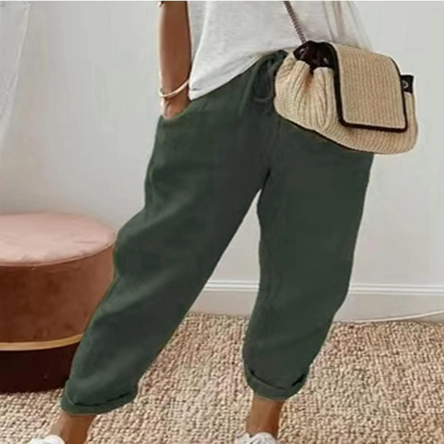 DASAYO Linen Pants Women Trendy Drawstring Elastic Waist Straight Leg Trousers Lightweight Comfy Besch Pants Summer Clothes