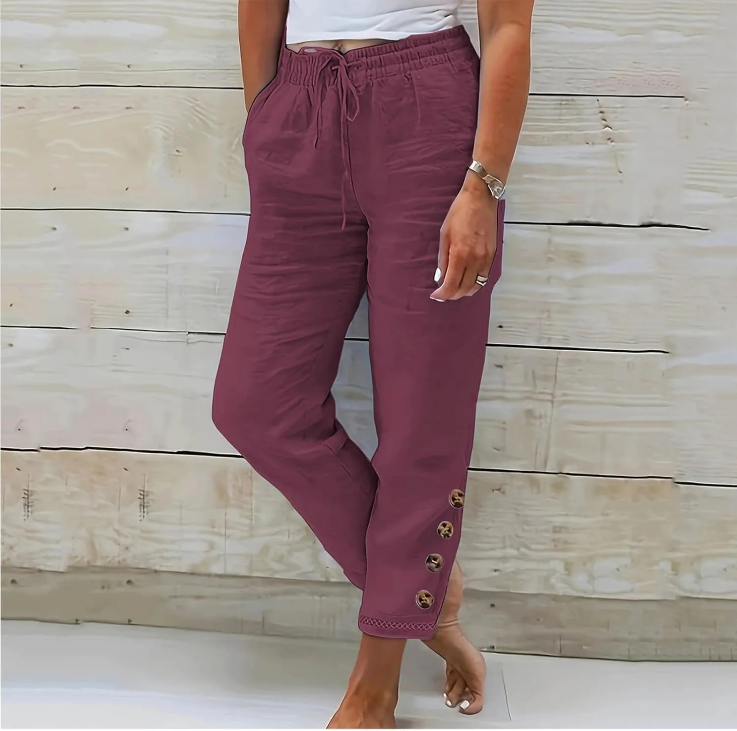 DASAYO Womens Linen Pants Drawstringgg Elastic Waist Straight Legg Trousers Summer Lightweigght Casual Pants with Pockets