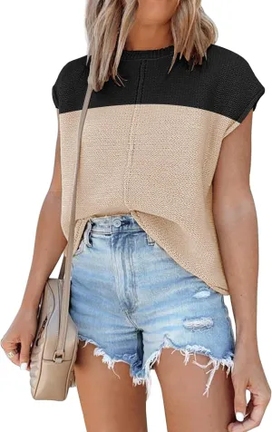 Disamer Womens Summer Cap Sleeve Tops Sleeveless Sweater Vest Casual Loose Fit Striped Knit Lightweight Pullover