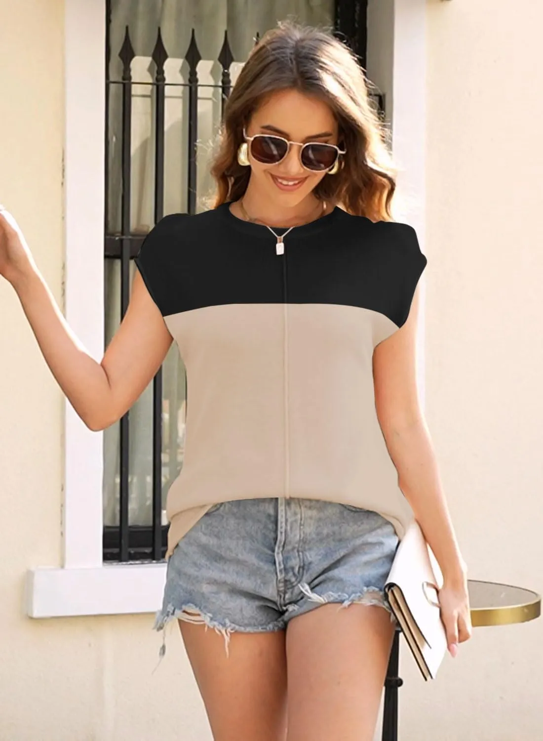 Disamer Womens Summer Cap Sleeve Tops Sleeveless Sweater Vest Casual Loose Fit Striped Knit Lightweight Pullover