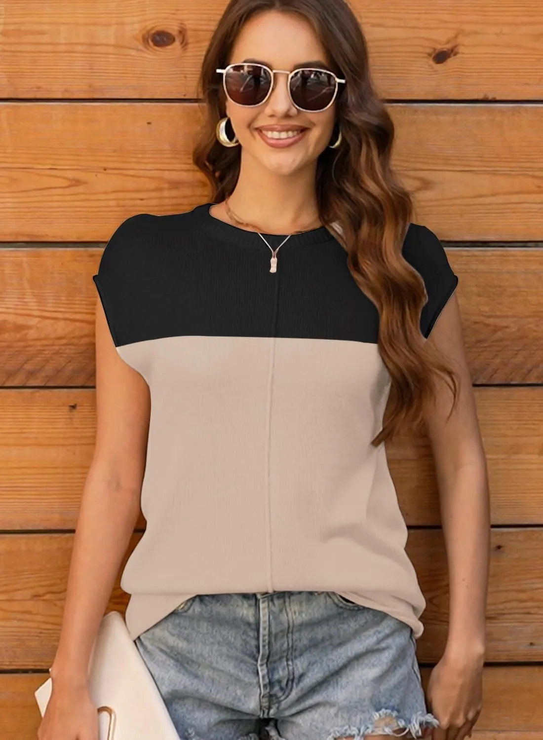 Disamer Womens Summer Cap Sleeve Tops Sleeveless Sweater Vest Casual Loose Fit Striped Knit Lightweight Pullover