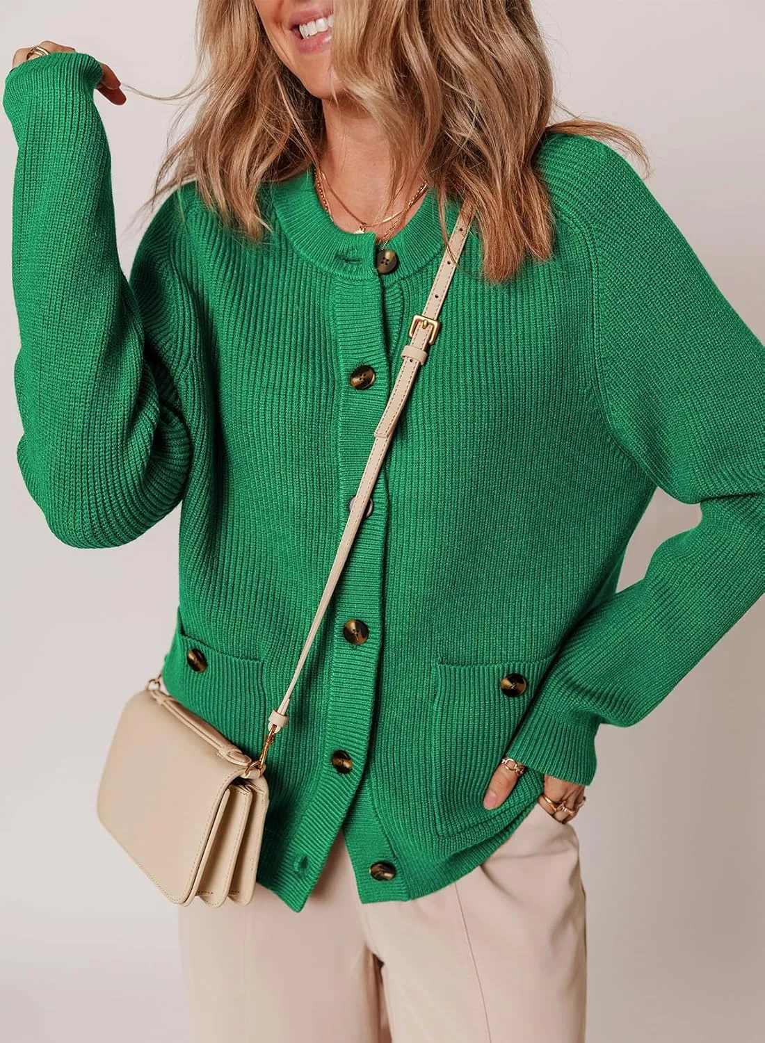 Dokotoo Cardigan Sweaters for Women Casual Long Sleeve Crewneck Button Down Cable Knit Sweater Tops with Pockets