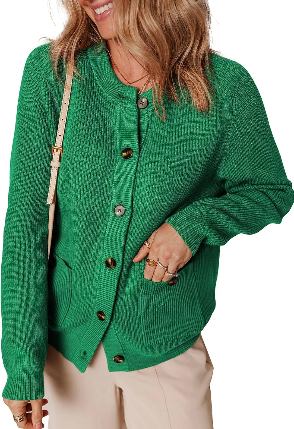 Dokotoo Cardigan Sweaters for Women Casual Long Sleeve Crewneck Button Down Cable Knit Sweater Tops with Pockets
