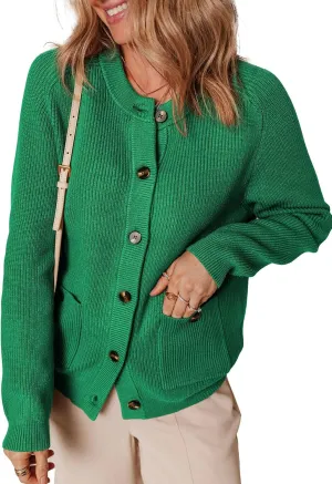 Dokotoo Cardigan Sweaters for Women Casual Long Sleeve Crewneck Button Down Cable Knit Sweater Tops with Pockets
