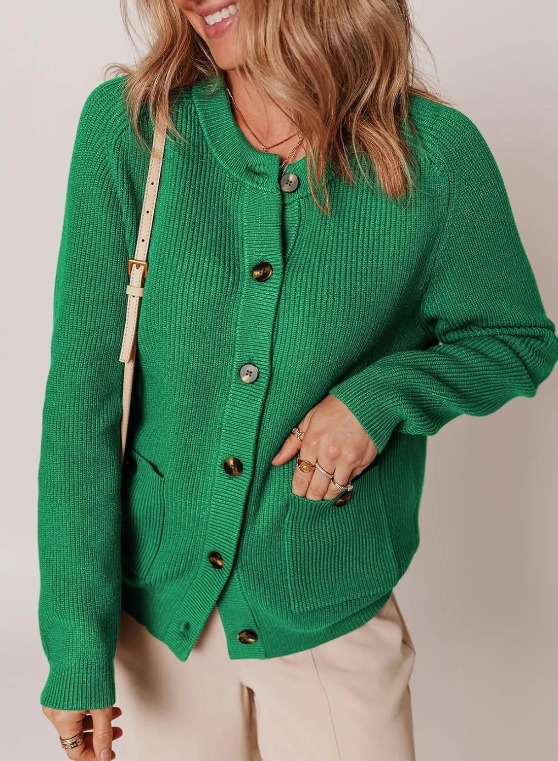 Dokotoo Cardigan Sweaters for Women Casual Long Sleeve Crewneck Button Down Cable Knit Sweater Tops with Pockets