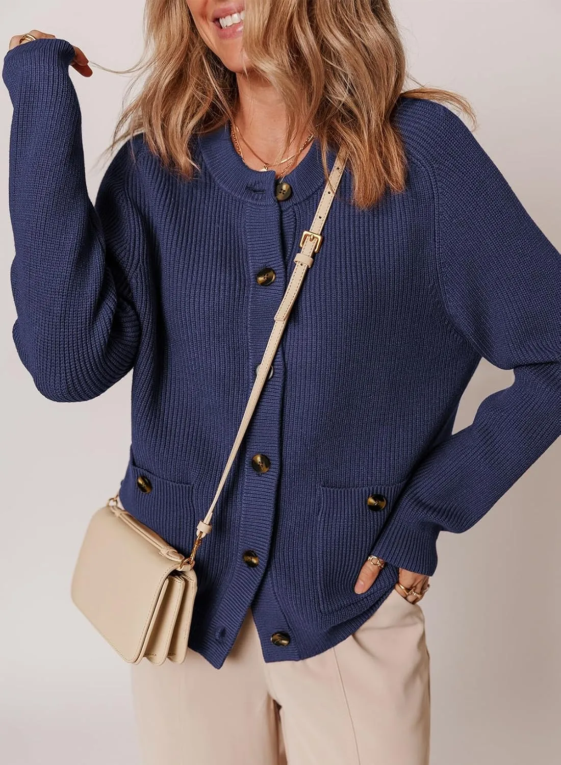 Dokotoo Cardigan Sweaters for Women Casual Long Sleeve Crewneck Button Down Cable Knit Sweater Tops with Pockets