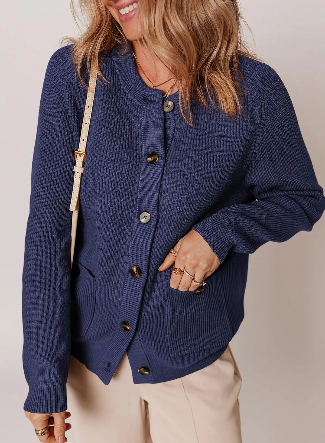 Dokotoo Cardigan Sweaters for Women Casual Long Sleeve Crewneck Button Down Cable Knit Sweater Tops with Pockets