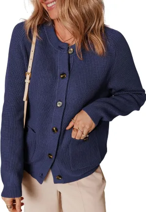 Dokotoo Cardigan Sweaters for Women Casual Long Sleeve Crewneck Button Down Cable Knit Sweater Tops with Pockets