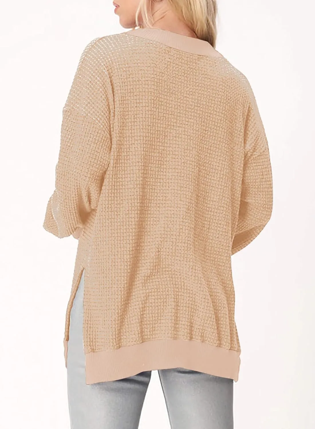 Dokotoo Womens Tops Dressy Casual Long Sleeve Shirts Waffle Knit Tops V Neck Tunic Sweaters Spring Fashion 2025