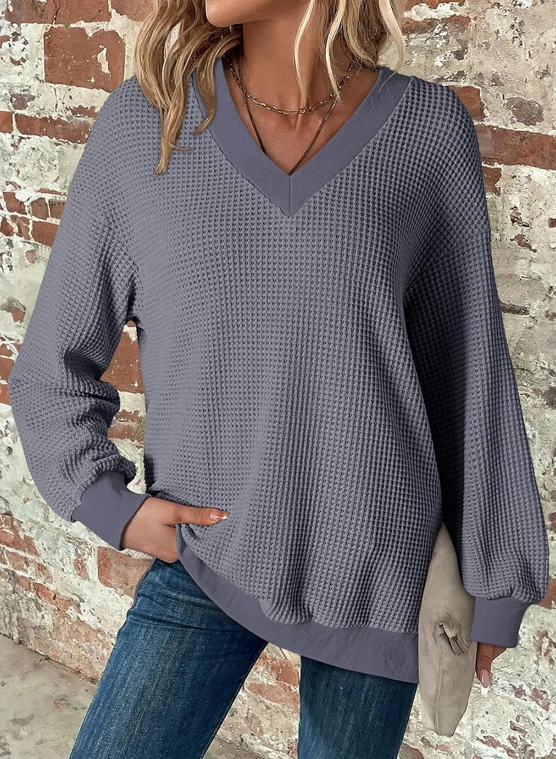 Dokotoo Womens Tops Dressy Casual Long Sleeve Shirts Waffle Knit Tops V Neck Tunic Sweaters Spring Fashion 2025