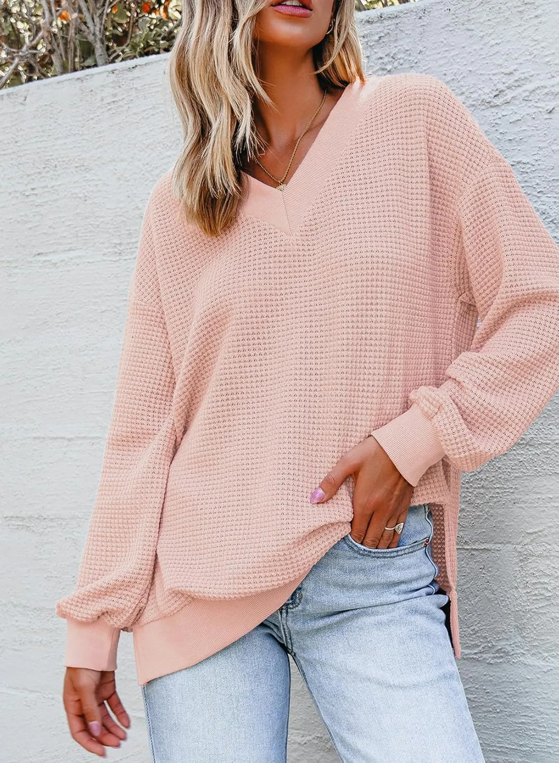 Dokotoo Womens Tops Dressy Casual Long Sleeve Shirts Waffle Knit Tops V Neck Tunic Sweaters Spring Fashion 2025