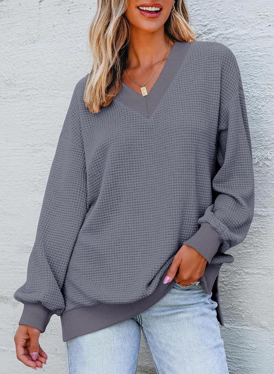 Dokotoo Womens Tops Dressy Casual Long Sleeve Shirts Waffle Knit Tops V Neck Tunic Sweaters Spring Fashion 2025