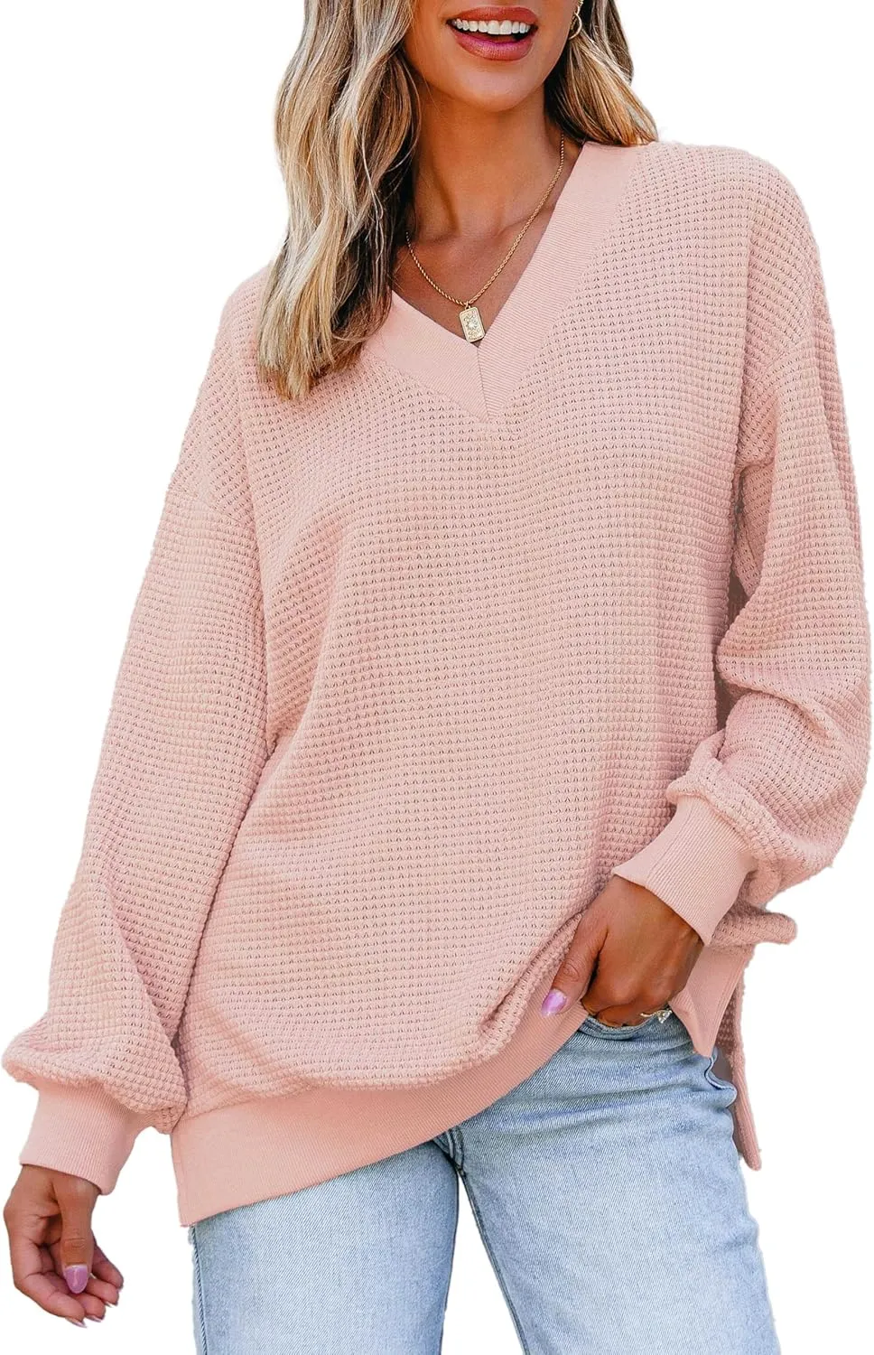 Dokotoo Womens Tops Dressy Casual Long Sleeve Shirts Waffle Knit Tops V Neck Tunic Sweaters Spring Fashion 2025