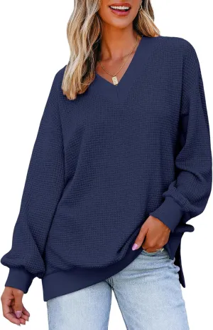 Dokotoo Womens Tops Dressy Casual Long Sleeve Shirts Waffle Knit Tops V Neck Tunic Sweaters Spring Fashion 2025
